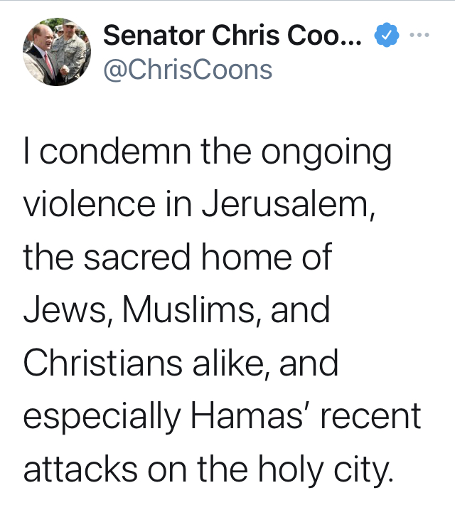 Coons Condemns Hamas Amid Ongoing Israeli Attacks on Muslim Protesters outside Al-Aqsa Mosque in Jerusalem
