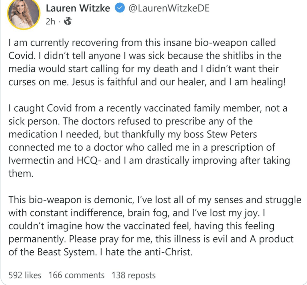 DL Open Thread Sunday October 23rd 2021 – Leader of DEGOP Blames Demons Employing “Bio-Weapons” for Her Covid Diagnosis – Claims to Be Battling the Disease With Prayer and Ivermectin